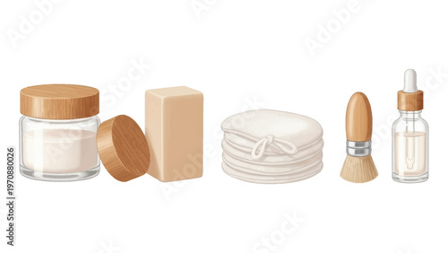 Eco-friendly and sustainable personal care essentials for a mindful beauty routine, featuring natural cream, organic soap, reusable pads, and a dropper bottle