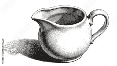 Classic pencil sketch of a ceramic creamer pitcher with detailed shading: Design for culinary blogs, art education handbooks, or vintage kitchen decor prints. Transparent background SVG version.