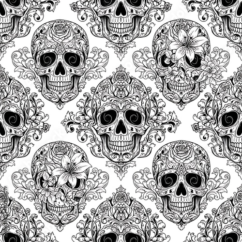 Ornate Sugar Skulls Pattern with Floral Details on White Background