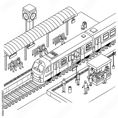Isometric Train Station Platform Vector Illustration, Hand Drawn Line Art of Subway Railway with Passengers and Kiosk, Black and White Urban Public Transport Sketch