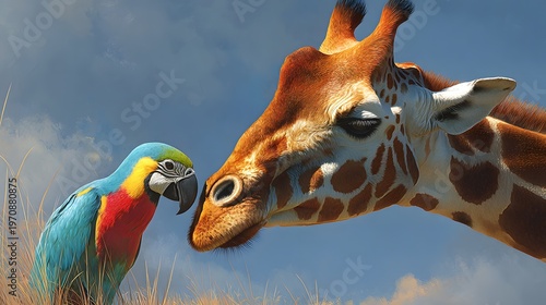 Giraffe and a parrot share a moment in a bright, sunlit savanna