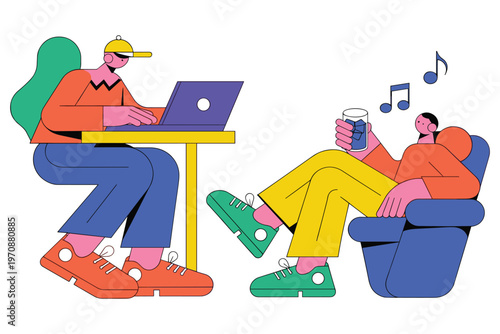 Two friends working on laptop and relaxing with music and drink in modern lounge setting.