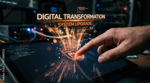 Digital transformation concept: finger touching legacy system upgrade button on tablet
