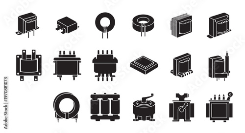PrintElectronic Transformer Icon Set - Black Vector Silhouettes of Power Transformers, Toroidal Coils, and Electrical Voltage Components Isolated on White.