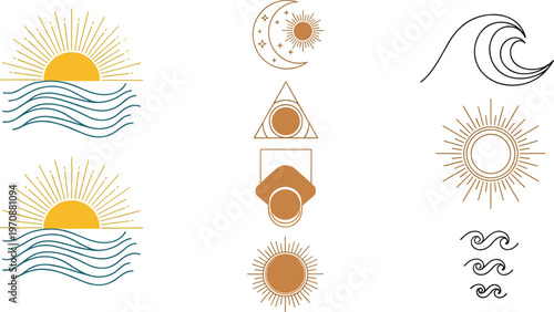 Abstract Sun Moon and Ocean Waves Boho Style Icon Set with Celestial Symbols Minimal Line Art Vector Collection