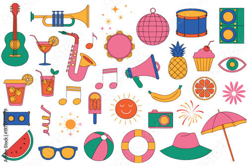 Vibrant summer music festival icons with instruments, drinks, and beach elements.
