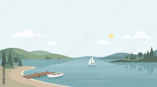 summer lakeside camping with canoe and hot air balloon vector illustration