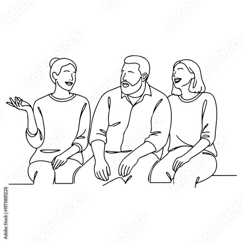 Group of Friends Sitting and Talking Vector Illustration, Continuous Line Art of People Laughing and Chatting, Minimalist Friends Socializing Sketch, Black and White Family or Peer Connection Outline