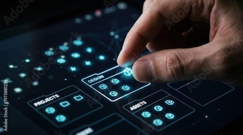 Hand interacting with a futuristic digital interface displaying design and project management elements