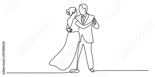 A single continuous line drawing of a bride and groom dancing together at their wedding reception Vector, illustration