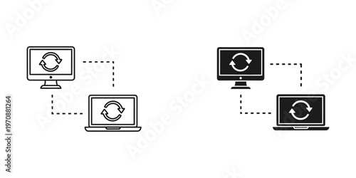 Minimalist vector illustration depicting cloud data sync across multiple devices, ideal for tech, business, and digital communication projects in marketing and education.