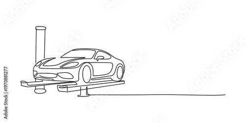A single continuous line drawing of a sleek sports car being lifted by a hydraulic auto service lift Vector, illustration