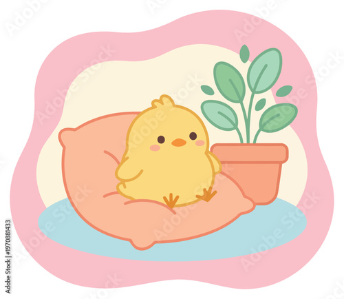 cute yellow chick in pink bathtub with green plant vector illustration