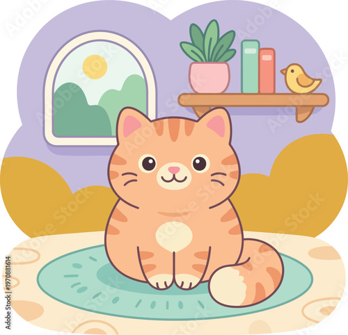 cute orange kitten sitting on blue ice floe with summer nature flat design vector illustration