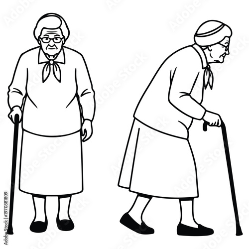Senior Elderly Woman Walking with Cane Vector Illustration, Hand Drawn Line Art of Grandmother Character Set, Black and White Old Lady Sketch, Minimalist Retirement and Healthcare Outline Drawing