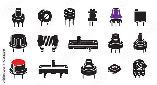 PrintPotentiometer and Variable Resistor Icon Set - Black Vector Silhouettes of Electronic Control Components Isolated on White Background.