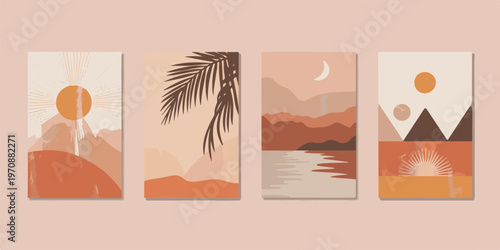 Abstract contemporary aesthetic background with sun, moon, sea, palm branch, mountains. bohemian landscape vector.