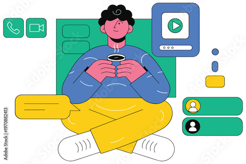 Young man drinking coffee while multitasking with various digital communication app icons.