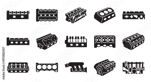 PrintAutomotive Engine Block and Cylinder Head Icons Set - Black Vector Silhouettes