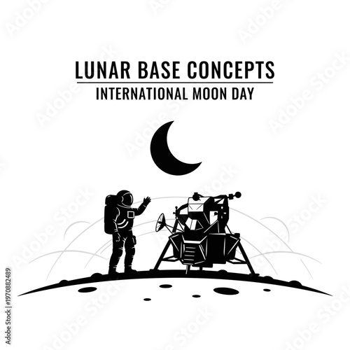 Astronaut and lunar lander on moon surface celebrating International Moon Day.