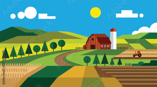scenic farm landscape with windmills and barn at sunset vector illustration