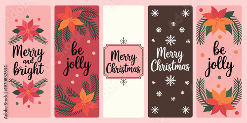 Merry christmas and be jolly holiday bookmarks featuring winter flowers snowflakes and festive typography in soft pink and brown.