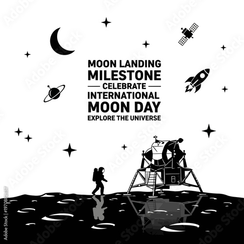 Astronaut and Lunar Module on the Moon Surface Celebrating International Moon Day.