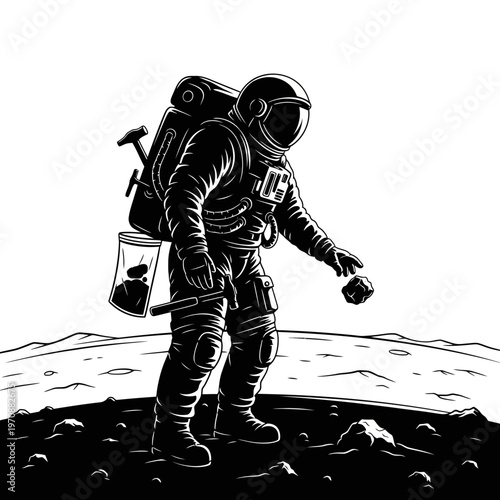 Astronaut collecting rock samples on an alien planet surface.