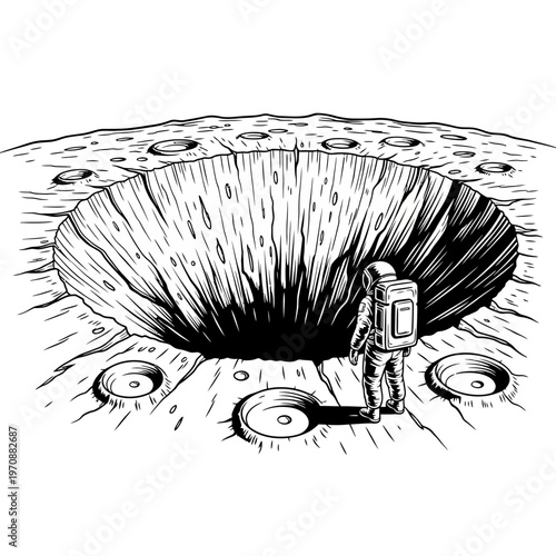 Astronaut exploring a large crater on the moons surface.