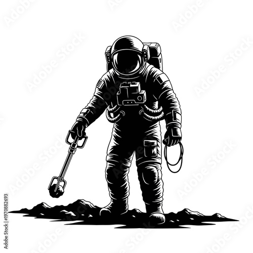 Astronaut exploring alien planet surface with tool.