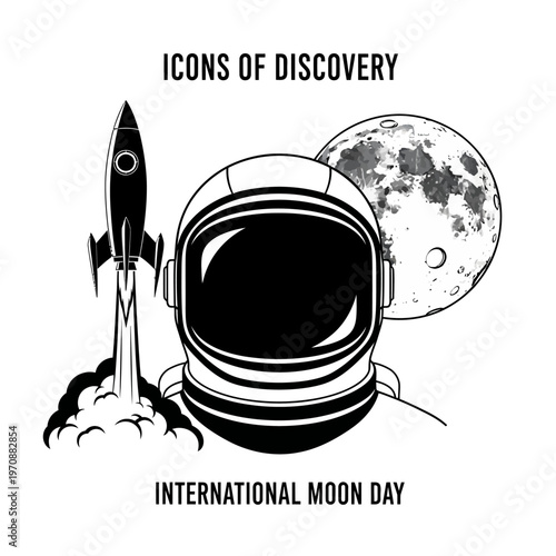 Astronaut helmet rocket and moon for International Moon Day.