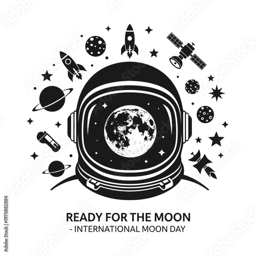Astronaut helmet with moon reflection surrounded by space elements.
