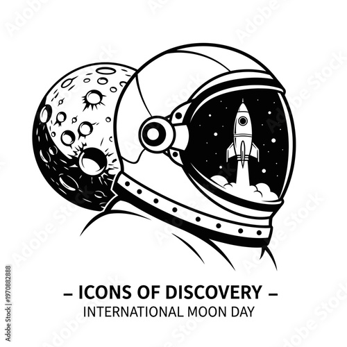 Astronaut helmet with rocket launch reflection and moon in space.