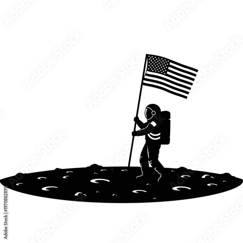 Astronaut holding American flag on moon.