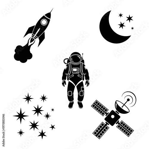 Astronaut in space with rocket moon and stars.