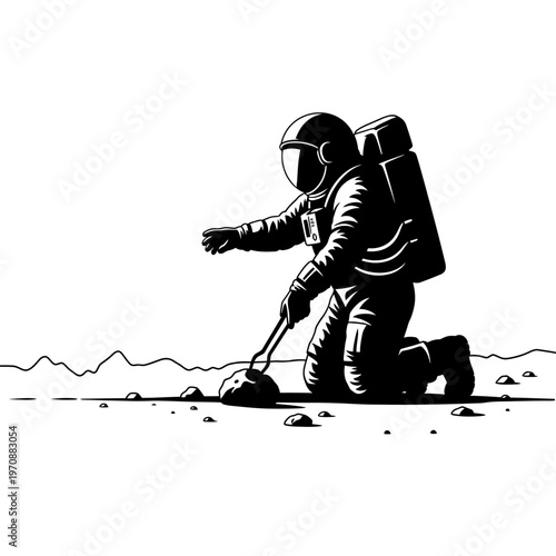 Astronaut kneeling and digging on a celestial body, exploring the unknown.
