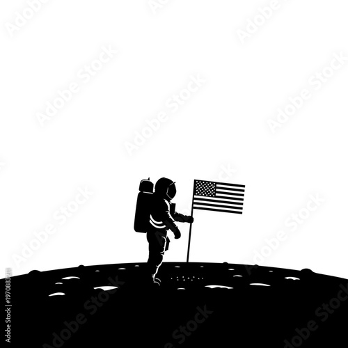 Astronaut planting American flag on lunar surface silhouette.