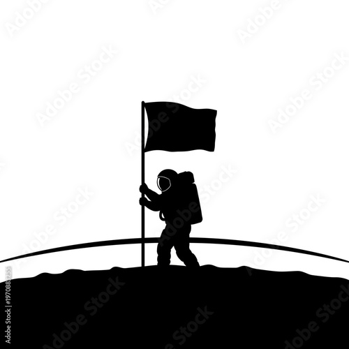 Astronaut planting flag on a celestial body.