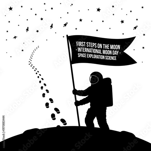 Astronaut planting flag on moon with footprints leading away.