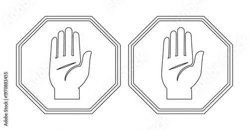 Stop hand gesture outline icon, a pair of minimalist vector stop signs, caution and warning symbol graphic elements for safety and prohibition designs