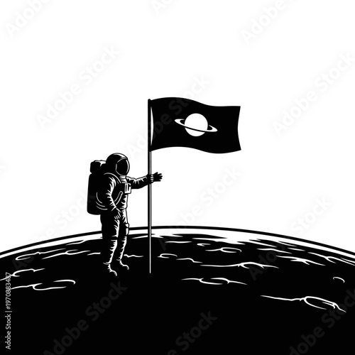 Astronaut planting flag with Saturn symbol on lunar surface.