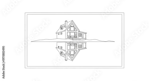 House reflected in water, minimalist line art, surreal architecture, dreamlike