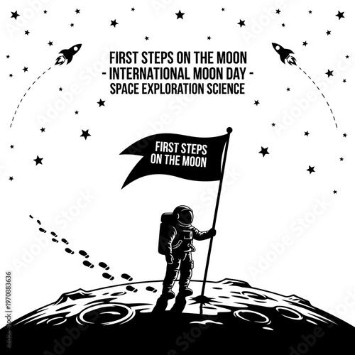 Astronaut plants flag on moon celebrating first steps.