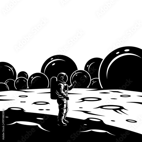 Astronaut standing on alien planet surface exploring.