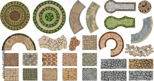 Fantasy map assets for tabletop gaming, medieval stone pavement and garden tiles vector collection, vintage rpg world building elements for architectural city layouts isolated PNG with