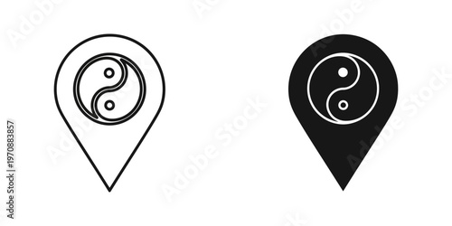 Minimalist yin yang symbol integrated into a location pin marker, presented in flat design style. Ideal for wellness, balance, travel, and spiritual branding projects in digital and print media.