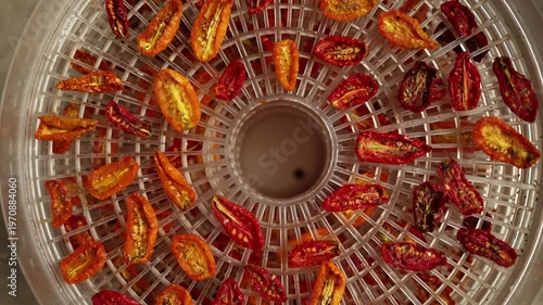 Bright red and yellow cherry tomatoes are arranged in a dehydrator, drying under warm air. This healthy method preserves their flavor, perfect for summer snacks.
