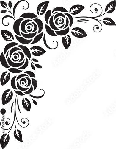 Black rose bouquet corner accent with swirling vines and leaves on a transparent background, romantic and detailed.
