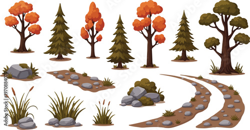 Autumn forest landscape elements, 14 vector nature assets including orange fall trees and pine evergreens, rocky dirt paths and wild grass tufts for game environment design isolated PNG with