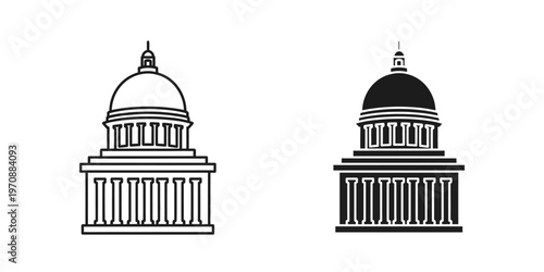 Minimalist twin capitol building icons in flat vector style, ideal for government, law, education, and civic projects.